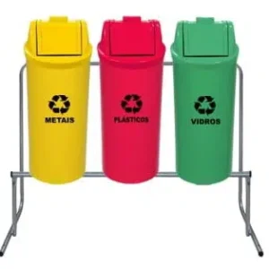 Conjunto para Coleta Seletiva 50L no Suporte com 3 Lixeiras Tampa Basculante