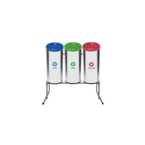 Conjunto Aço inox para Coleta Seletiva 23L no Suporte com 3 Lixeiras Tampa Flip-Top