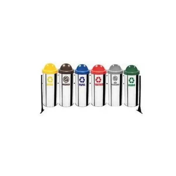 Conjunto Aço inox para Coleta Seletiva 23L no Suporte com 6 Lixeiras Tampa Flip-Top